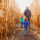 a family of three exploring the corn maze at American West Heritage Center, surrounded by golden corn fields.