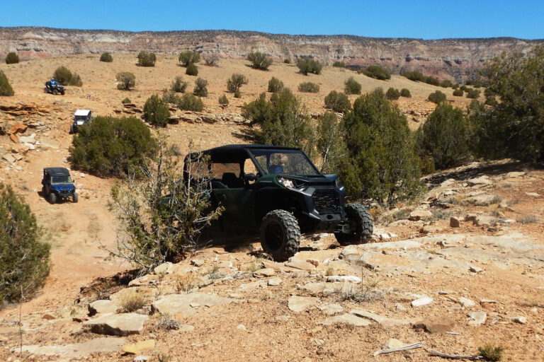 Image of black ORV going off road, up a hill, in a desert in Southern Utah