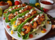 close up of a platter of shrimp lettuce tacos