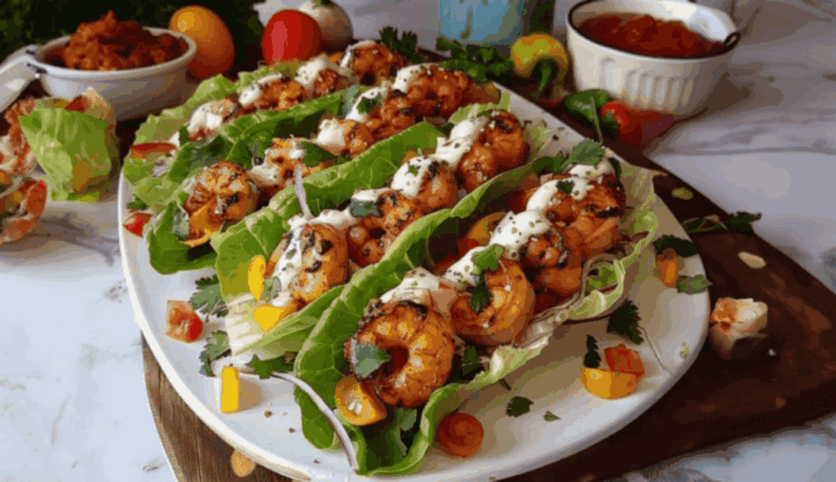 close up of a platter of shrimp lettuce tacos