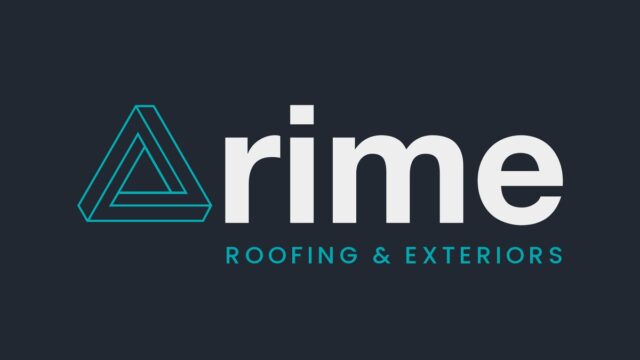Rime Roofing & Exteriors logo: teal triangular icon left of the white 'rime' wordmark on a dark background.