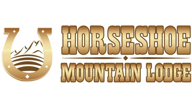 Logo for Horseshoe Mountain Lodge with a gold horseshoe and mountain motif alongside bold brown text.