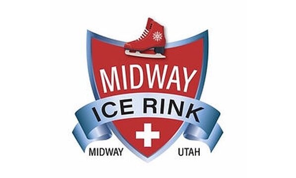 Midway Ice Rink logo: red shield with a white cross, blue ribbon reading 'ICE RINK', ice skate on top, and 'MIDWAY' and 'UTAH' text.